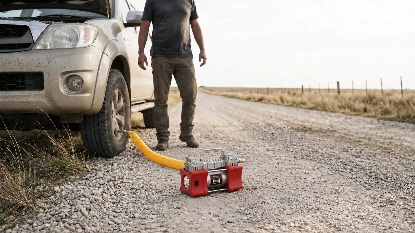 Compresor Driven conectado con manguera amarilla a una pick-up en un camino de ripio