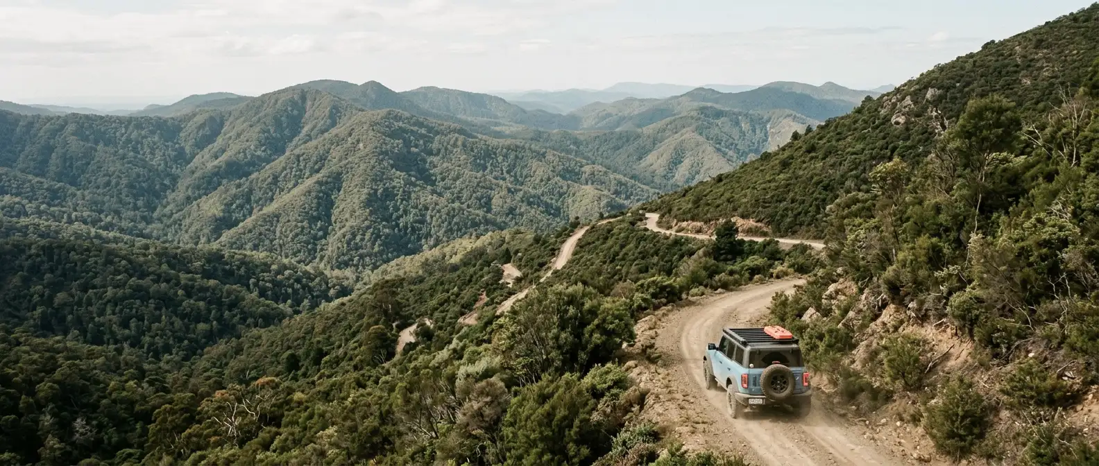 Camioneta en un camino de montaña rodeado de sierras y vegetación