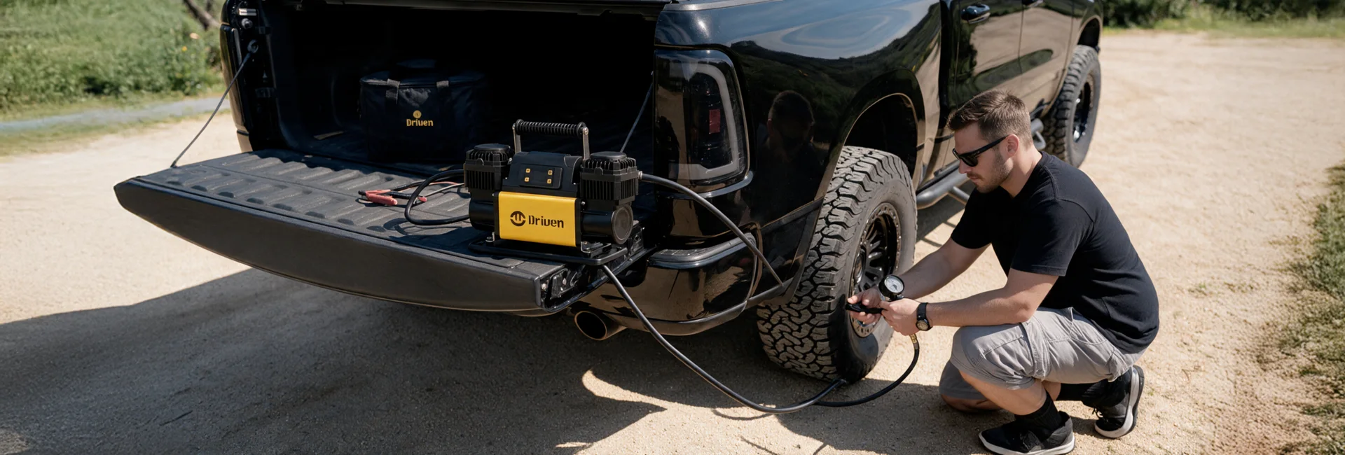 Compresor Driven en una camioneta y una persona controlando la presión de un neumático