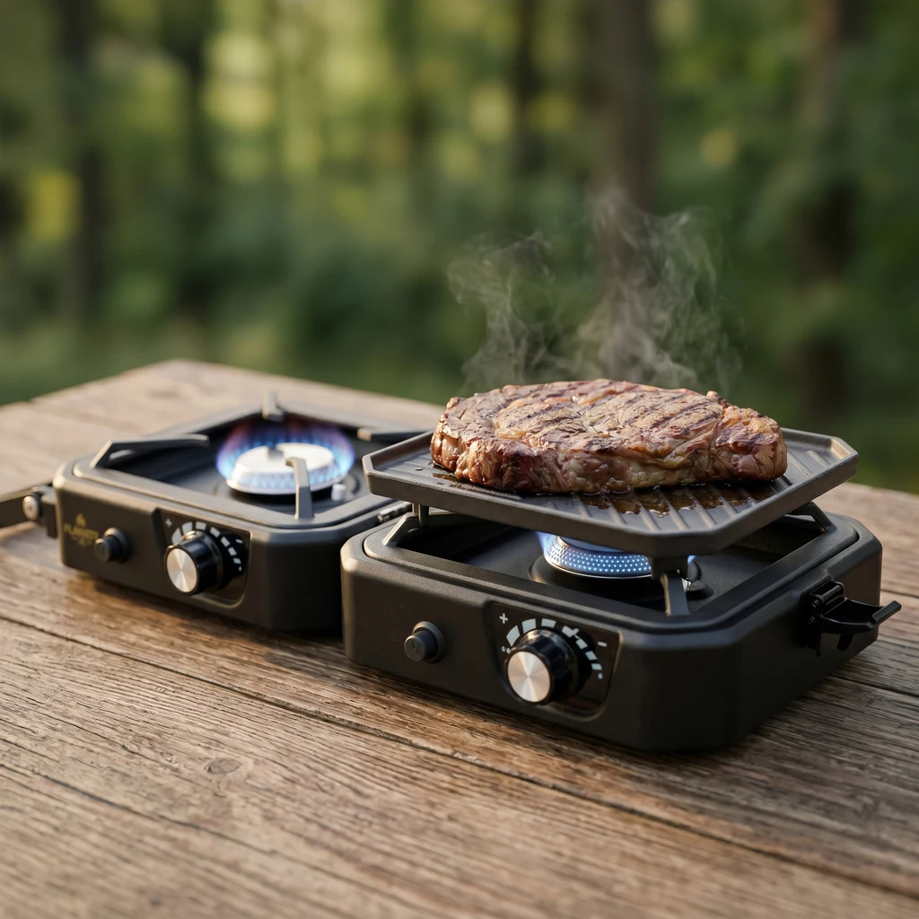 Anafe doble plegable Flamate negro con su plancha grill
