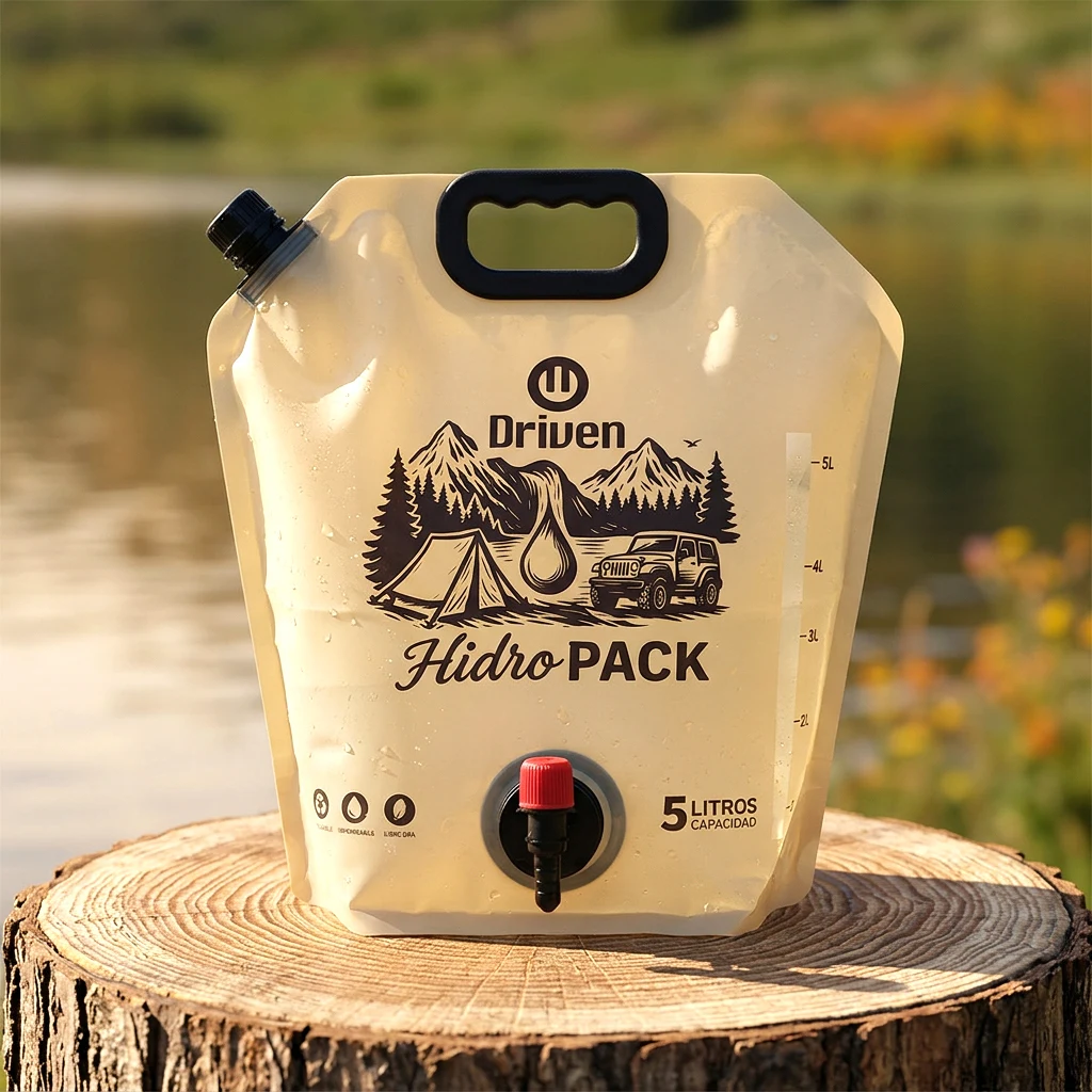 Bolsa de agua plegable de 5 litros con canilla, apoyada junto al río