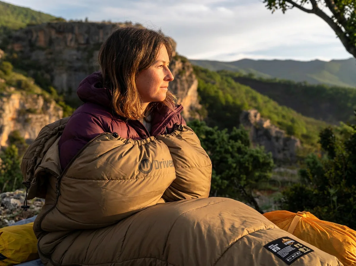 Una mujer abrigada con una bolsa de dormir Driven frente a las sierras