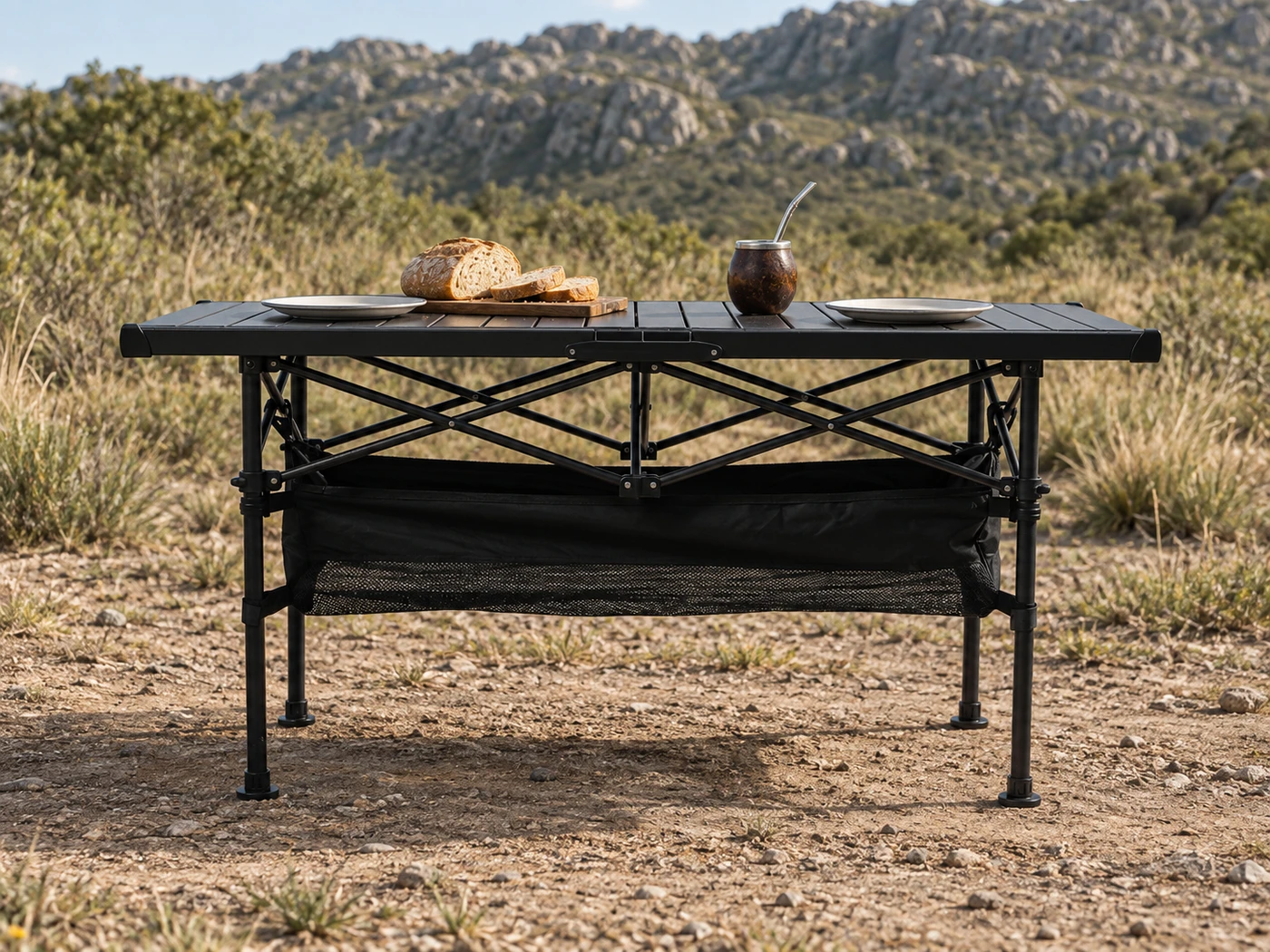Mesa Mara negra preparada para comer y tomar mate al aire libre